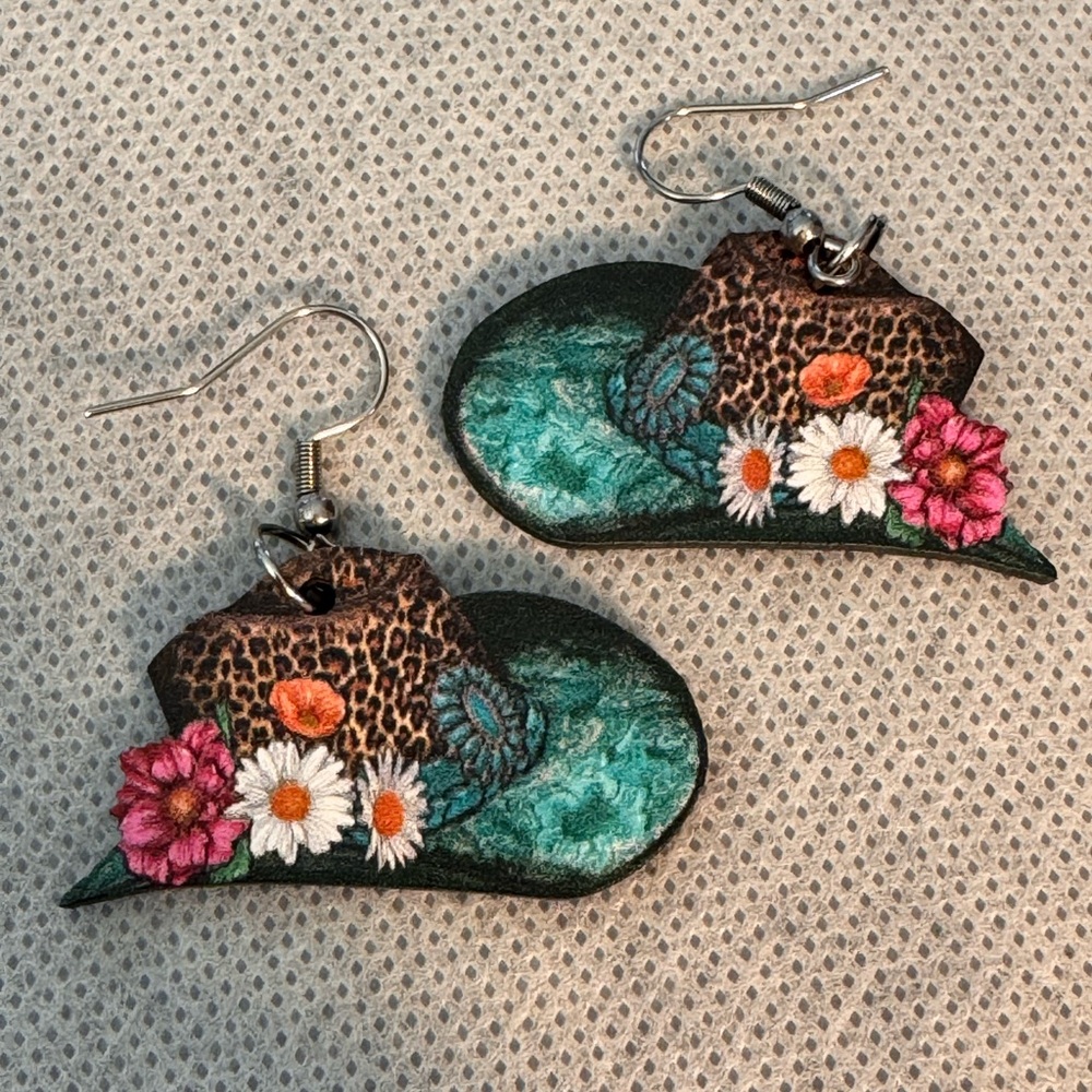 Cowgirl Hat Floral and Leopard Print Earrings.
